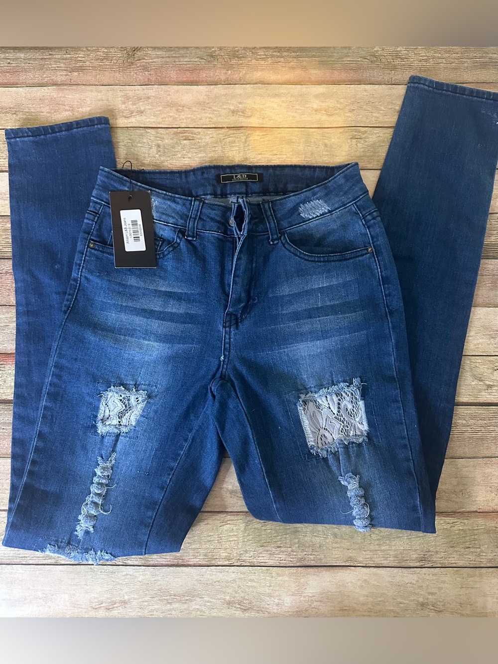 L&B Women's Dark Blue Distressed Skinny Jeans with Lace Patches